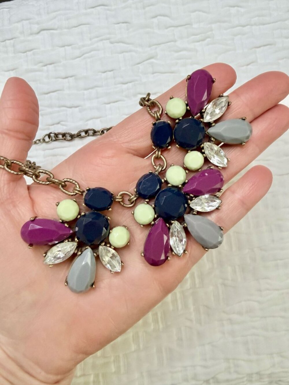 J. Crew Purple Blue Crystal Bronze Statement Necklace